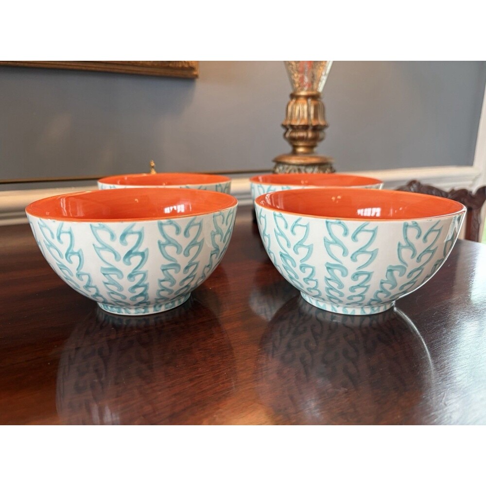 BAUM TANGIER SOUP CEREAL BOWL Aqua White Orange 5 3/4" SET OF 4 Bowls
